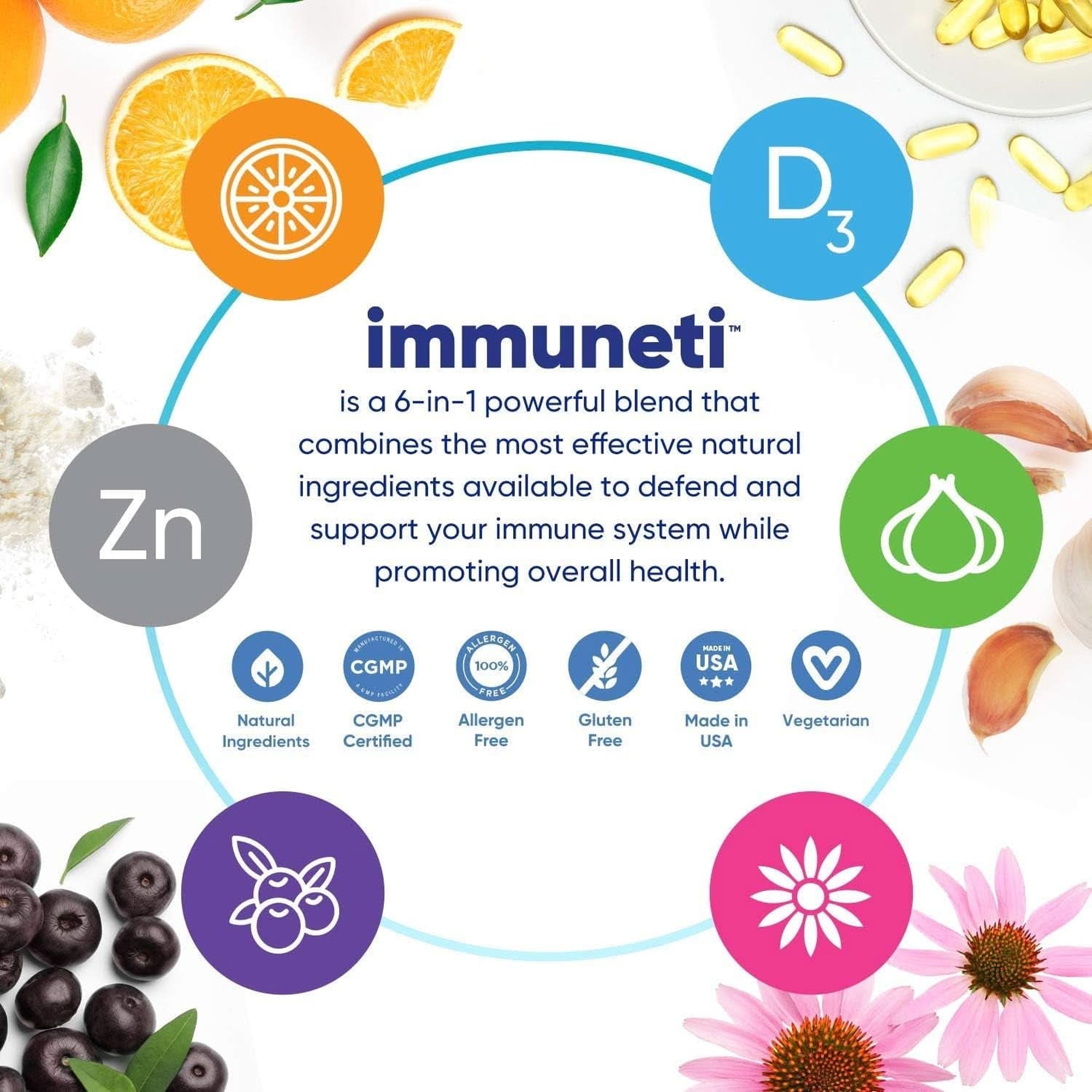 Immuneti - Advanced Immune Defense, 6-In-1 Powerful Blend of Vitamin C, Vitamin D3, Zinc, Elderberries, Garlic Bulb, Echinacea - Supports Overall Health, Provides Vital Nutrients & Antioxidants