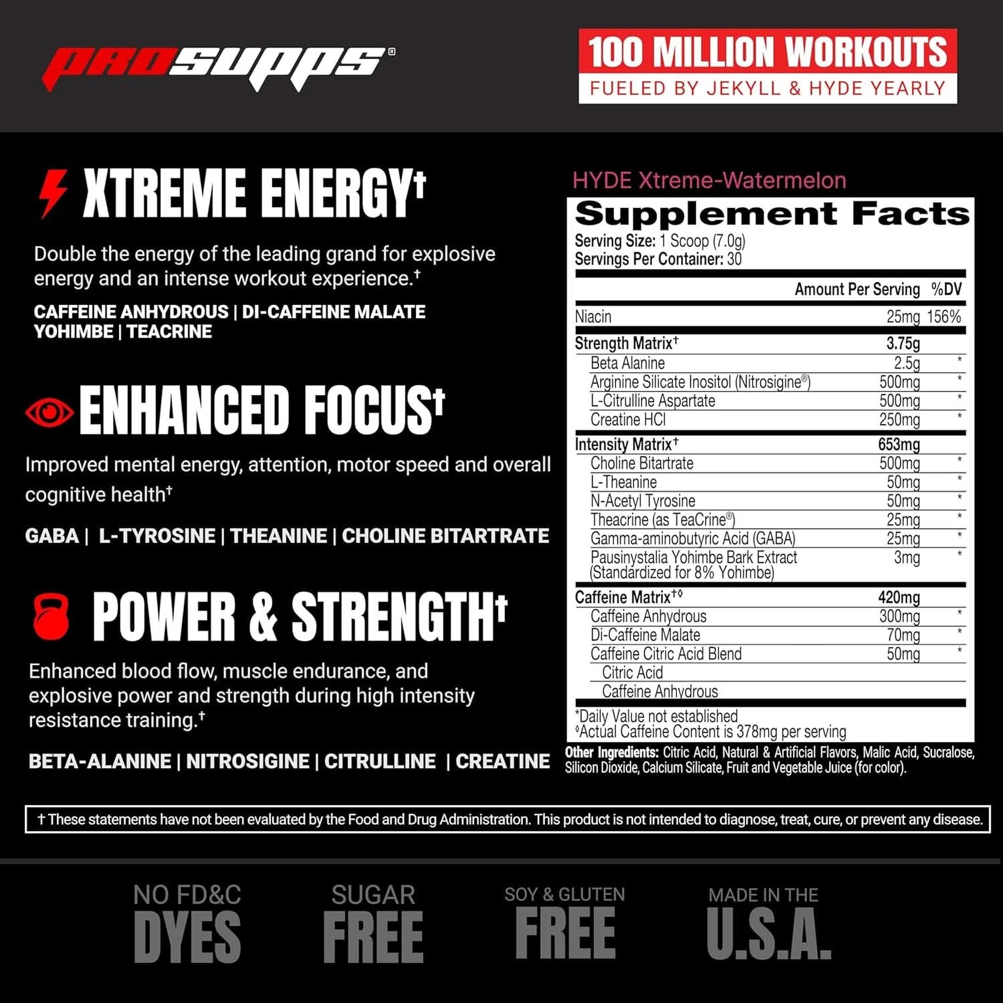 PROSUPPS® Mr. Hyde® Xtreme Pre-Workout Powder Energy Drink - Intense Sustained Energy, Pumps & Focus with Beta Alanine, Creatine & Nitrosigine, (30 Servings, Watermelon Rush)