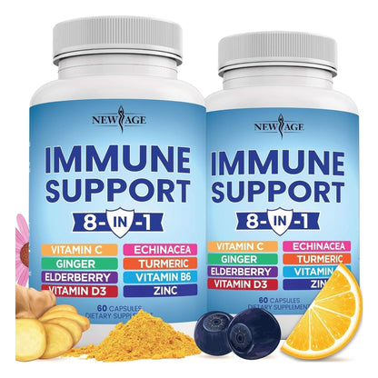 8 in 1 Immune Support Booster Supplement with Echinacea, Vitamin C and Zinc 50Mg, Vitamin D 5000 IU, Turmeric Curcumin & Ginger, B6, Elderberry 120 Count (Pack of 2)