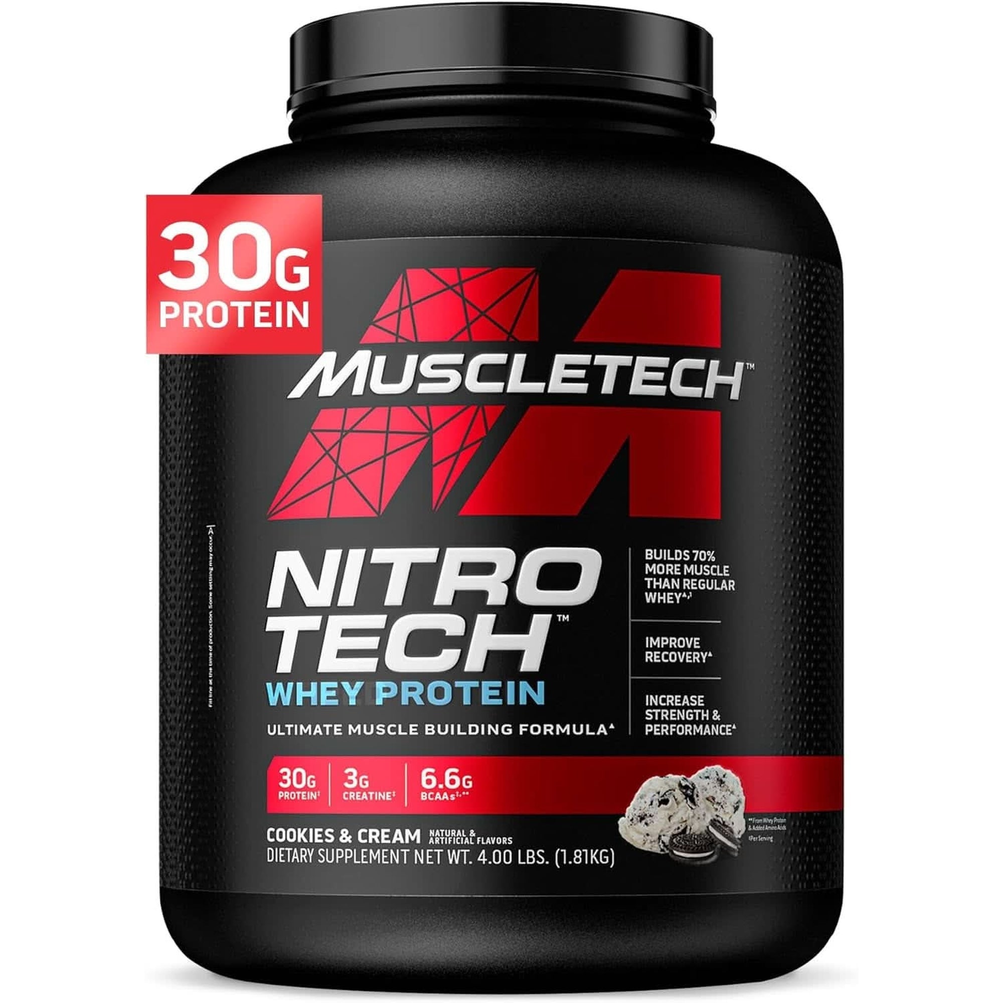 Muscletech Whey Protein Powder (Strawberry, 4 Pound) - Nitro-Tech Muscle Building Formula with Whey Protein Isolate & Peptides - 30G of Protein, 3G of Creatine & 6.6G of BCAA