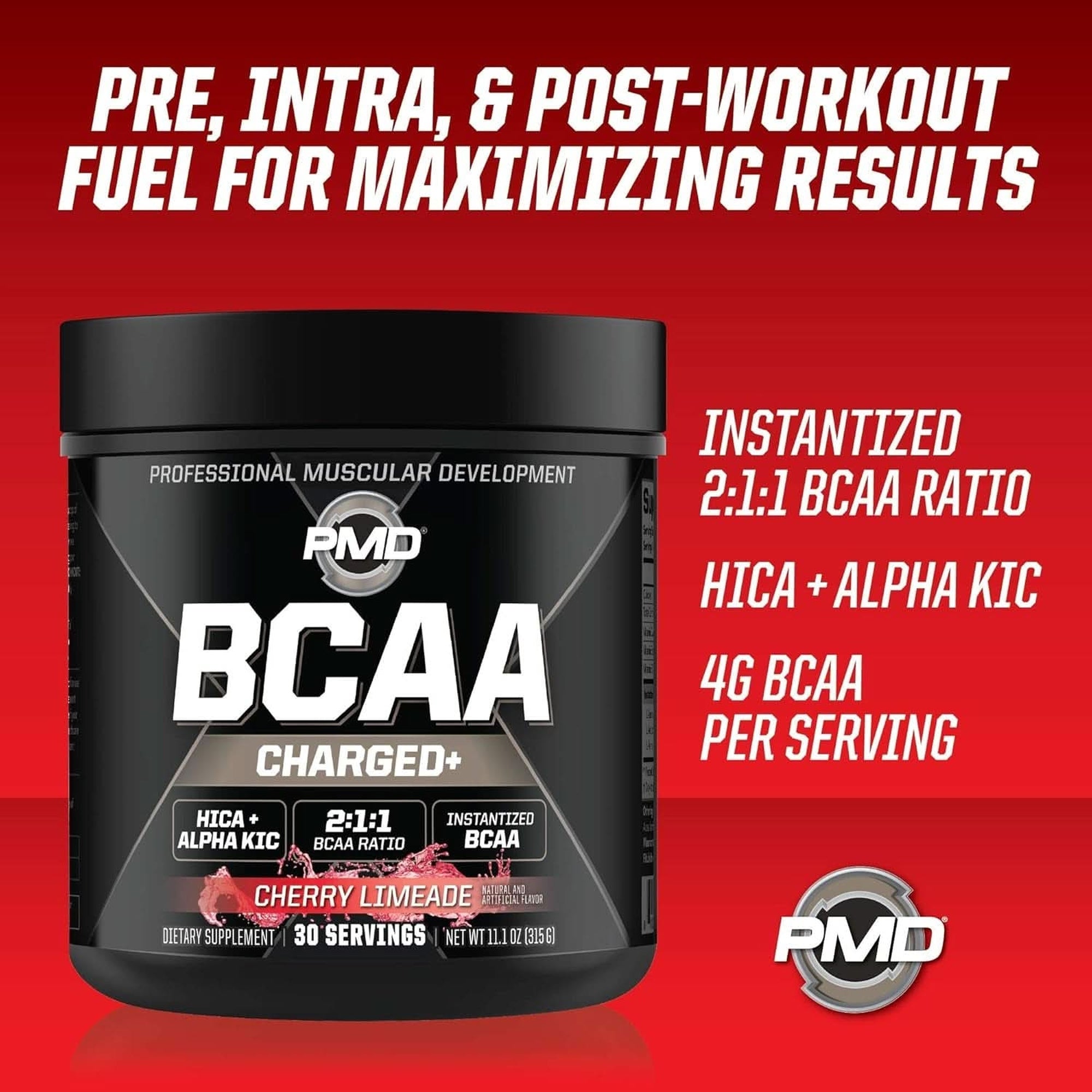 PMD Sports BCAA Charged Delicious Amino Acid Drink Mix for Performance, Recovery, Endurance and Hydration - Increase Muscle Function for Workout and Daily Energy – Cherry Limeade (30 Servings)