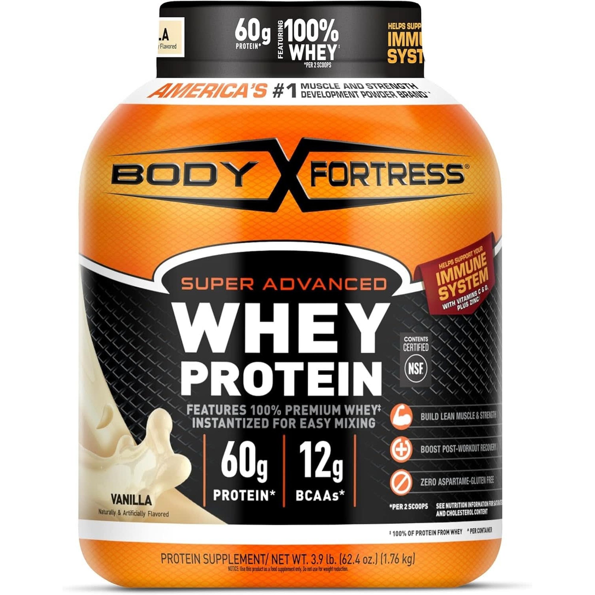 Body Fortress Super Advanced Whey Protein Powder, Strawberry, 60G Protein & 12G Bcaas per 2 Scoops, Muscle Gain & Recovery, Immune Support with Vitamins C & D, 1.78Lb (Packaging May Vary)