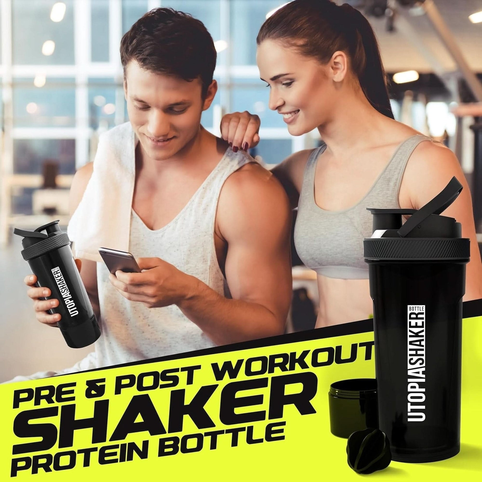 Utopia Home Shaker Bottle 2 Pack - 24 Ounce Plastic Protein or Cocktail Shaker Bottle for Pre & Post Workout with Twist & Lock Protein Box Storage All Black & Clear/Black