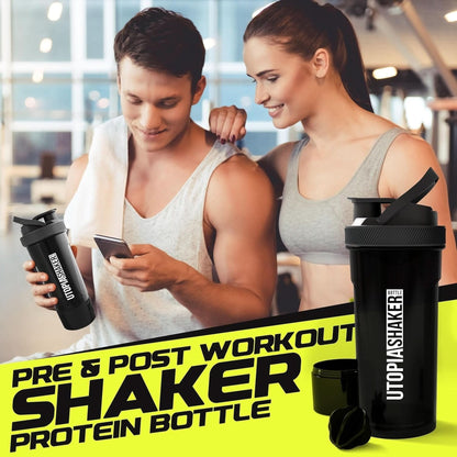 Utopia Home Shaker Bottle 2 Pack - 24 Ounce Plastic Protein or Cocktail Shaker Bottle for Pre & Post Workout with Twist & Lock Protein Box Storage All Black & Clear/Black