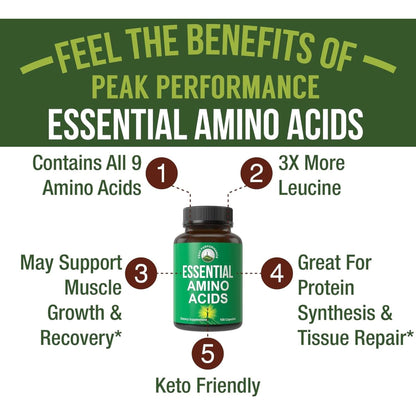 All 9 Essential Amino Acids Supplement. Capsules with 3X More Leucine for Muscle Recovery, Growth. EAA Supplement Better than BCAA / BCAAS Branched Chain Aminos Acid. USA Tested Eaas Men + Women