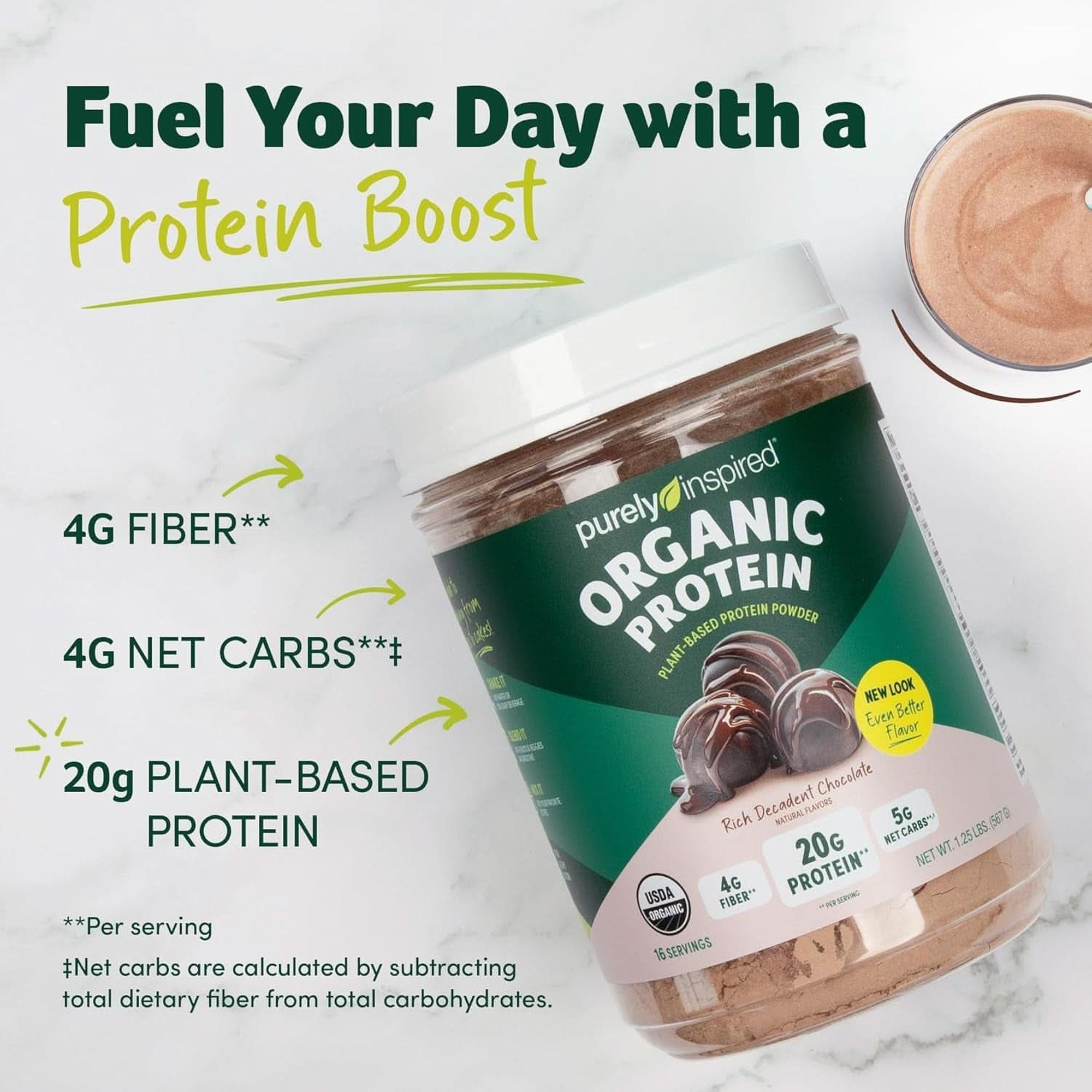 Purely Inspired Plant-Based Protein Powder for Men & Women, Rich Decadent Chocolate (16 Servings) - Vegan & Organic - 20G of Pea Protein Powder for Smoothies & Shakes - Dairy-Free, & Gluten-Free