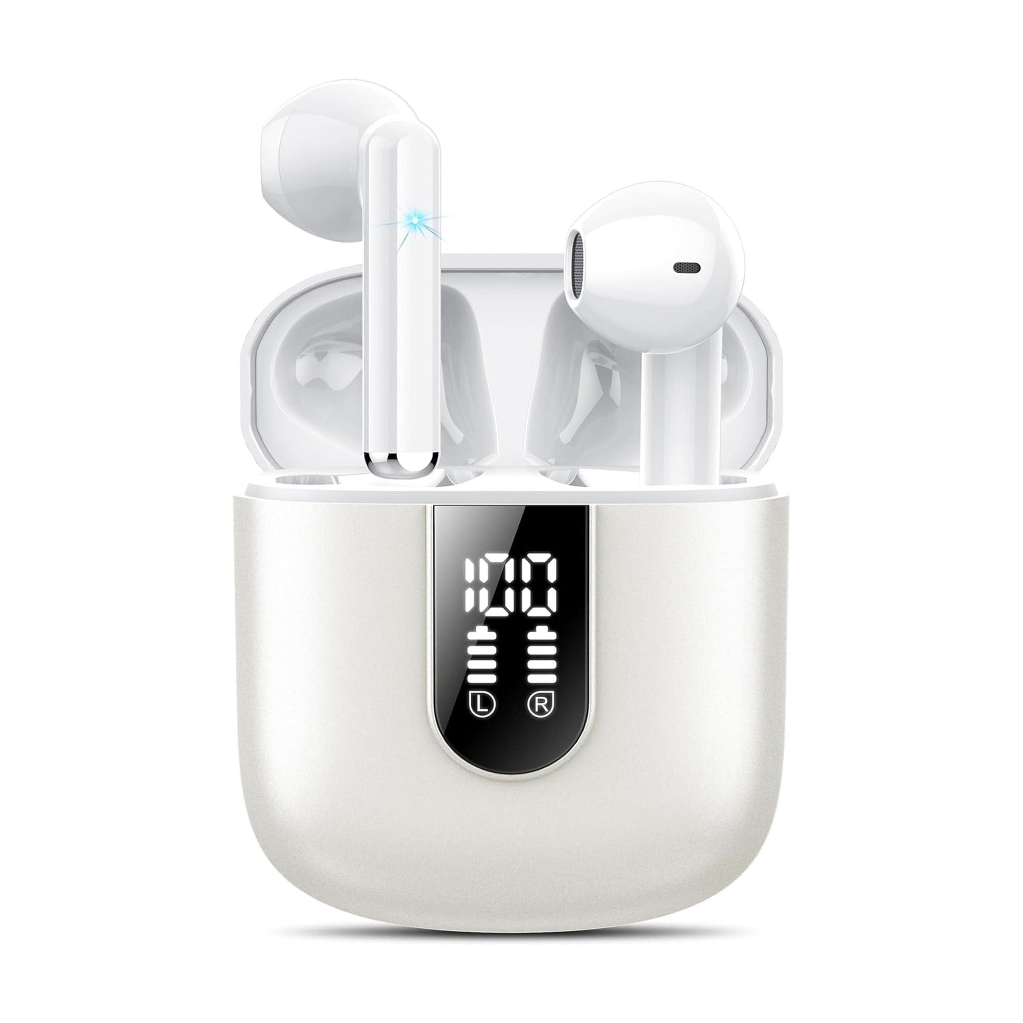 Wireless Earbuds 2024 Bluetooth 5.3 Headphones with HD Mic Hifi Stereo Sound, Wireless Earphones with Dual LED Display Touch Control, IPX7 Waterproof 30H Playtime Mini Ear Buds for Ios Android, White