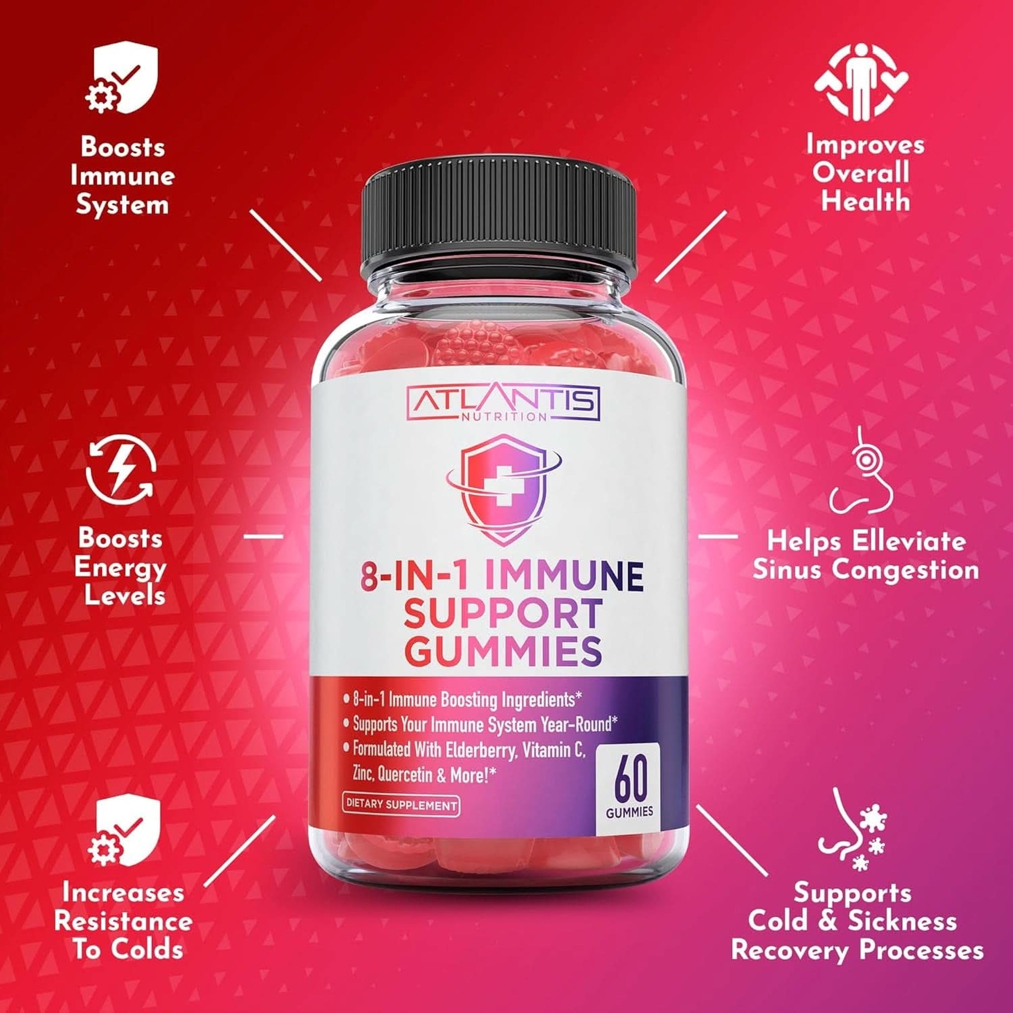 8-In-1 Immune Support Gummies with Elderberry - Powerful Immune Support Supplement Blend of Elderberry, Quercetin, Zinc & Vitamin C Gummies Are Great Immune Boosters for Adults & Kids - 60 Gummies