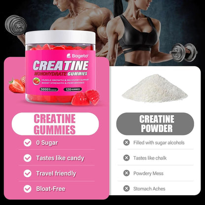 Creatine Monohydrate Gummies 5000Mg for Men & Women, Gomitas De Creatina 5G Creatine Monohydrate, 0G Sugar Chewables Creatine Pre-Work Out for Muscle Strength, Vegan,120 Count (120 Count, Strawberry)