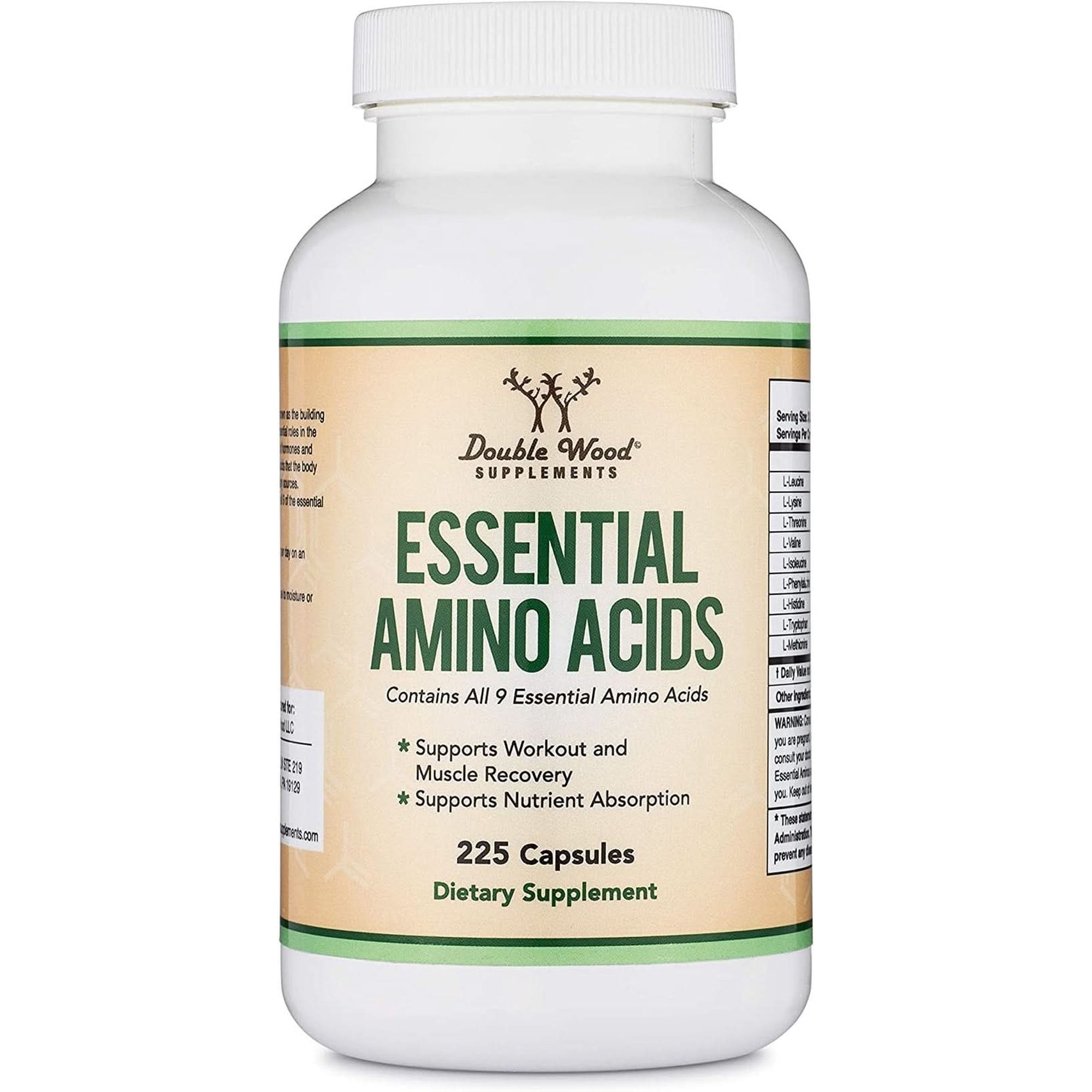 Essential Amino Acids - 1 Gram per Serving Powder Blend of All 9 Essential Aminos (EAA) and All Branched-Chain Aminos (Bcaas) (Leucine, Isoleucine, Valine) 225 Capsules, Gluten Free by Double Wood