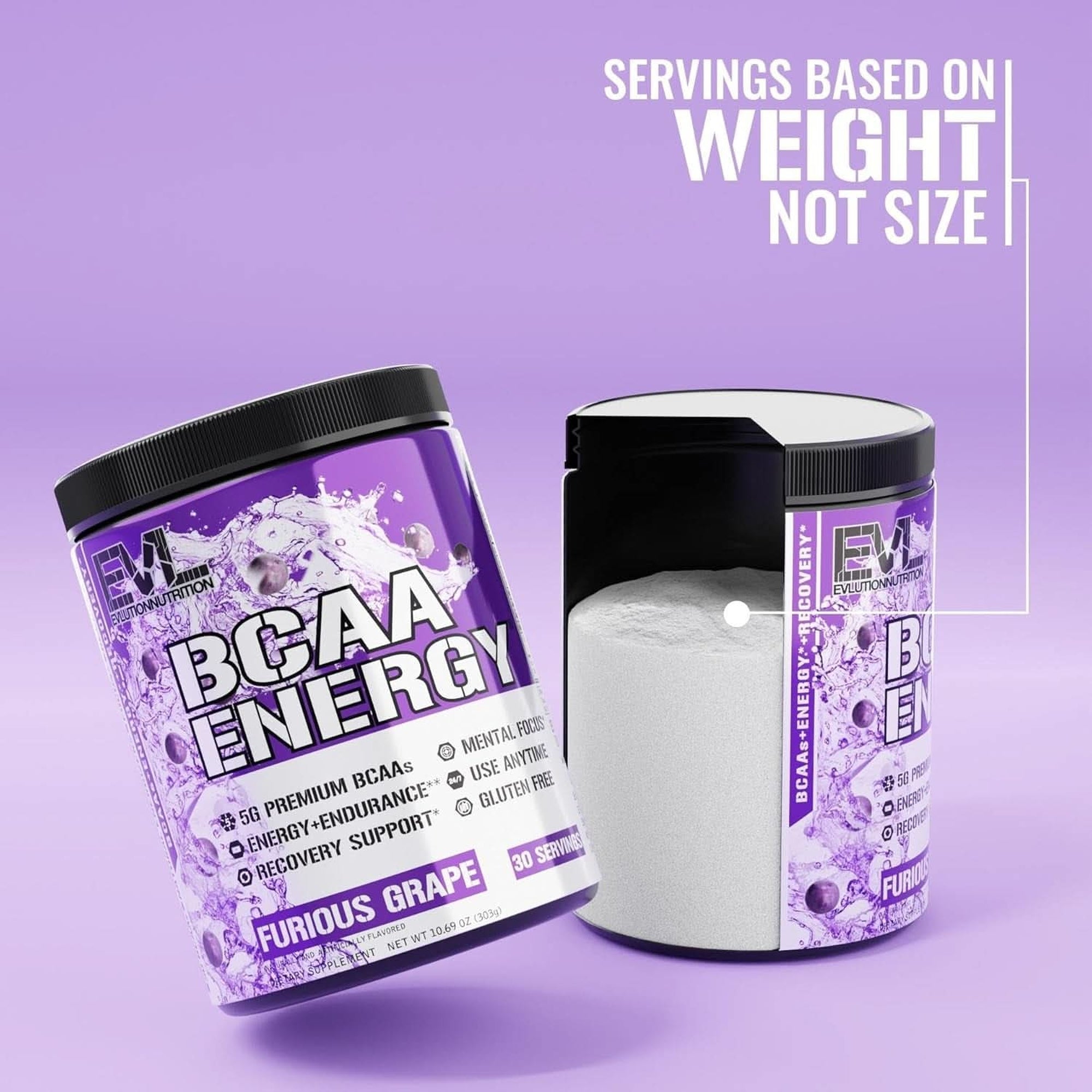 EVL Bcaas Amino Acids Powder - BCAA Energy Pre Workout Powder for Muscle Recovery Lean Growth and Endurance - Rehydrating BCAA Powder Post Workout Recovery Drink with Natural Caffeine - Furious Grape