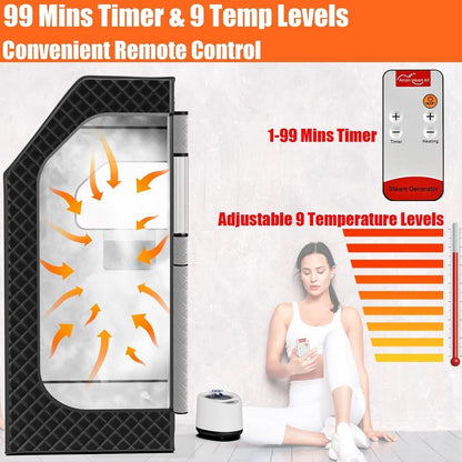 Portable Sauna for Home, Personal Steam Sauna Box, Indoor Sauna Tent at Home Full Body with 1000W 2.6L Steamer, Timer, Remote Control, Folding Chair, 9 Levels Heating, 2.6' X 2.6' X 5.9'