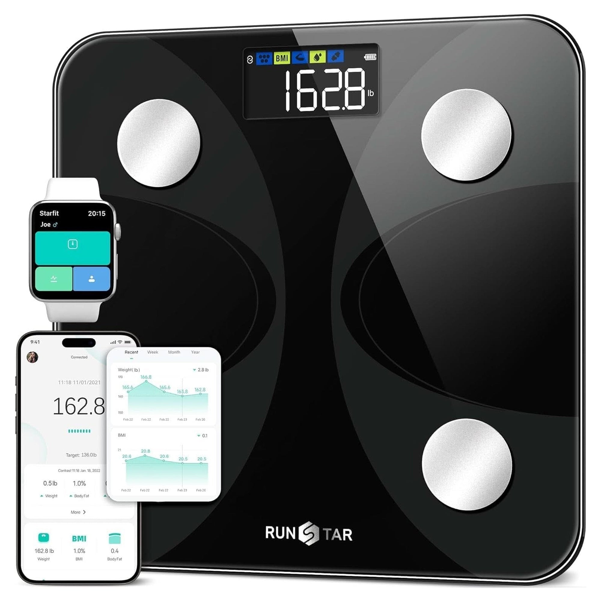 Runstar Smart Scale for Body Weight and Fat Percentage, High Accuracy Digital Bathroom Scale FSA or HSA Eligible with LCD Display for BMI 13 Body Composition Analyzer Sync with Fitness App