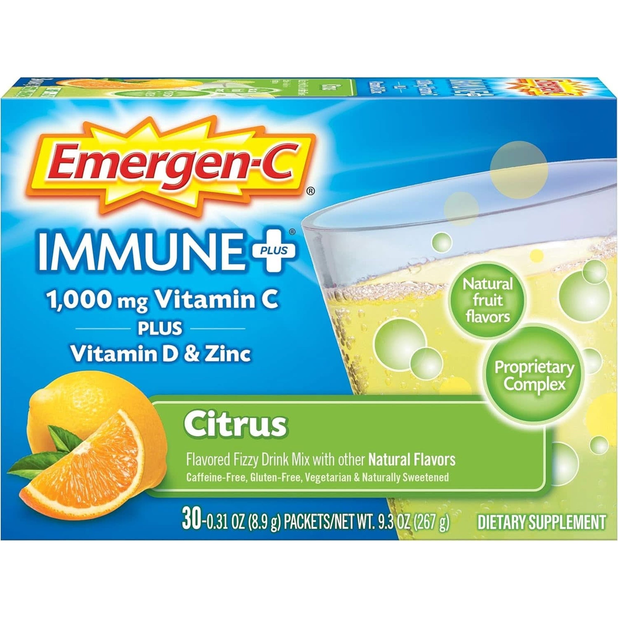 Emergen-C Immune+ Triple Action Immune Support Powder, Betavia (R), 1000Mg Vitamin C, B Vitamins, Vitamin D and Antioxidants, Raspberry – 30 Count