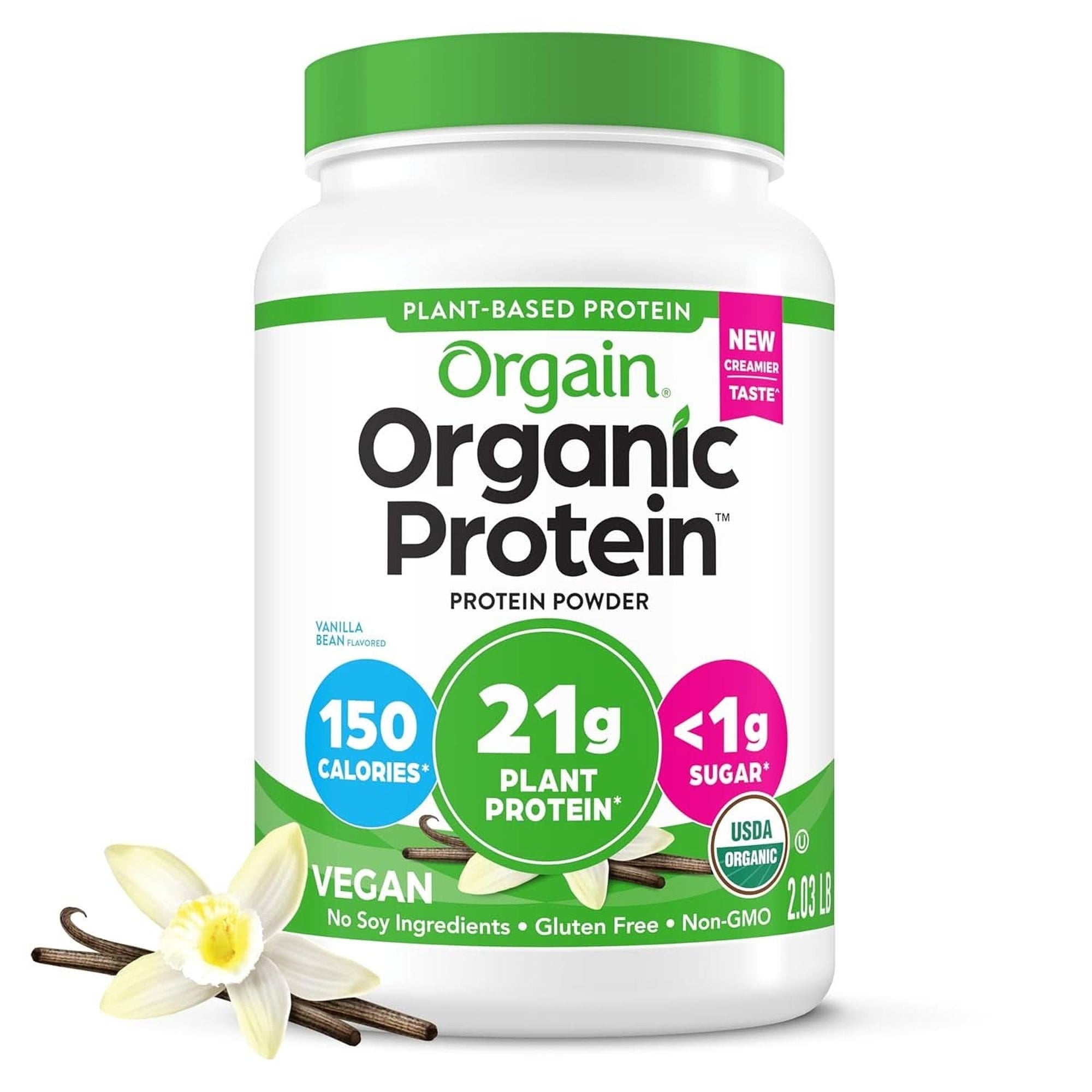 Orgain Organic Vegan Protein Powder, Strawberries & Cream - 21G Plant Based Protein, 4G Prebiotic Fiber, Low Net Carb, No Lactose Ingredients, No Added Sugar, Non-Gmo, for Shakes & Smoothies, 2.03 Lb