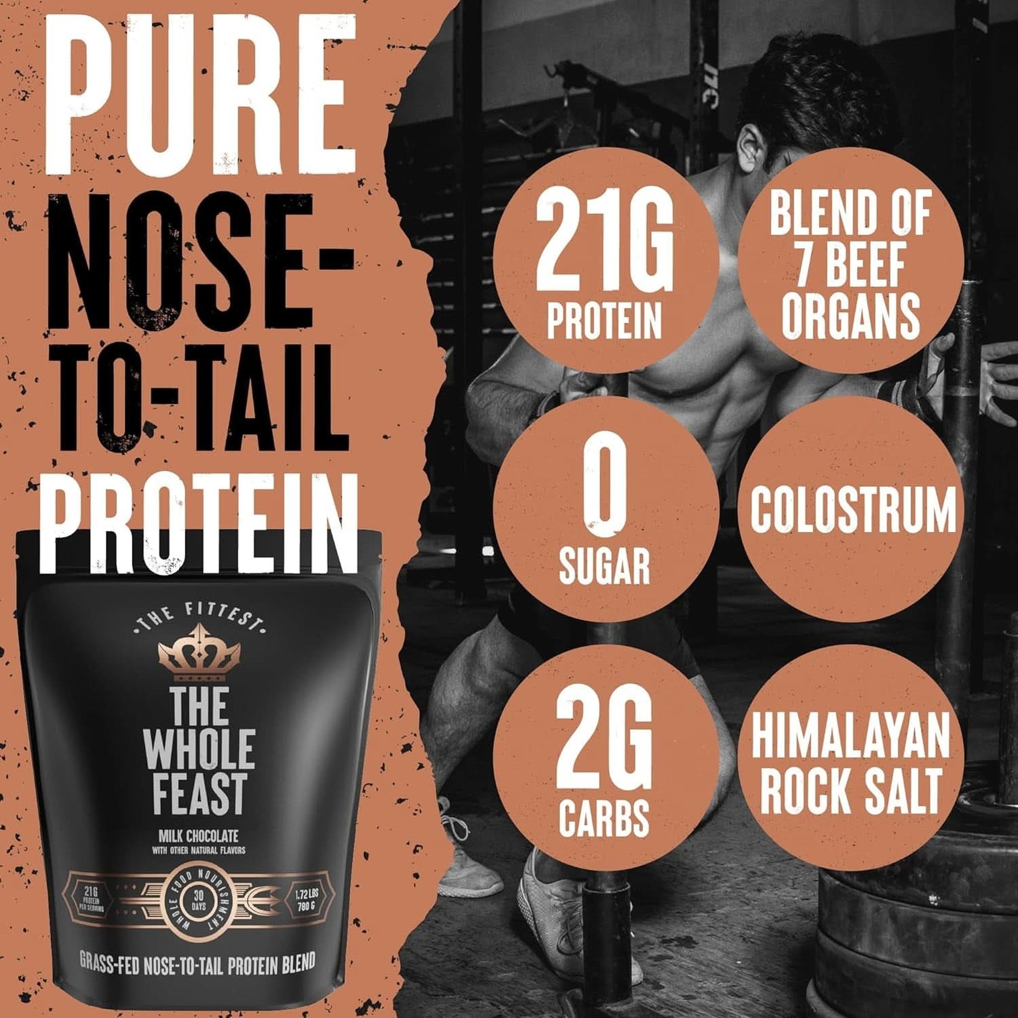 The Fittest Whole Feast Beef Protein Powder - Milk Chocolate - Nose to Tail Carnivore Blend Including Liver, Colostrum and Whole Bone - Bcaas - 14G Collagen, 21G Total Protein