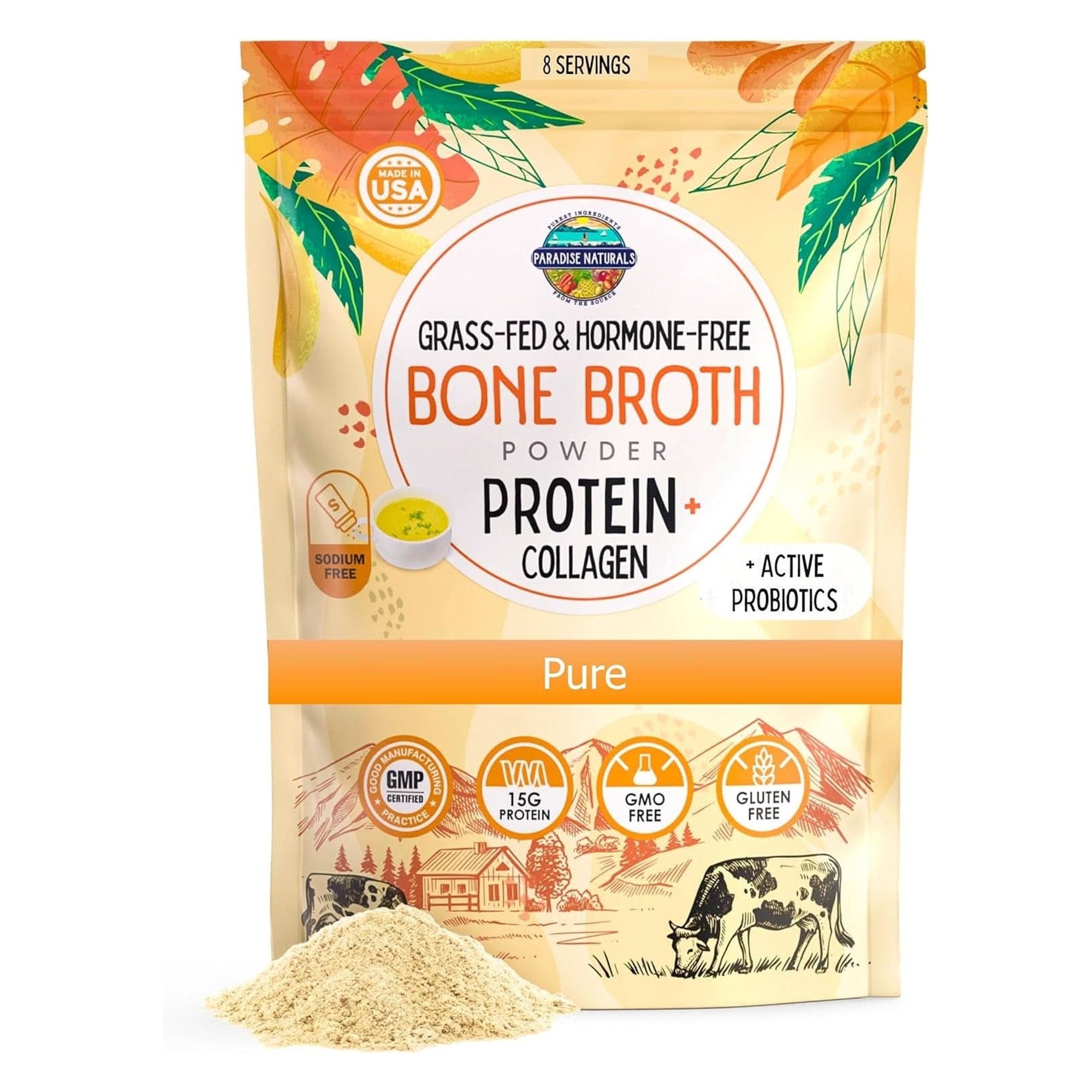 100% Grass-Fed Organic Beef Bone Broth Protein Powder, Active Probiotics, Collagen Peptide Rich, 15G Protein, Non-Gmo, Low Sodium, Healthy Skin, Gut Health, Paleo Keto, No Gluten