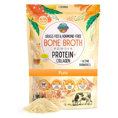 100% Grass-Fed Organic Beef Bone Broth Protein Powder, Active Probiotics, Collagen Peptide Rich, 15G Protein, Non-Gmo, Low Sodium, Healthy Skin, Gut Health, Paleo Keto, No Gluten