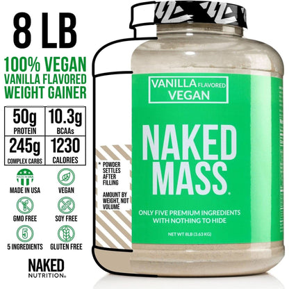 Naked Mass - Vanilla Vegan Weight Gainer - 8Lb Bulk, GMO Free, Gluten Free, Soy Free & Dairy Free. No Artificial Ingredients - 1,230 Calories - 11 Servings