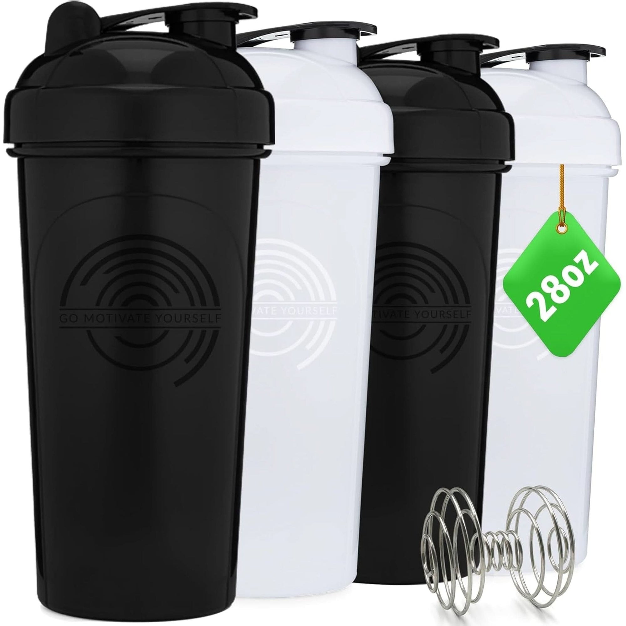 GOMOYO 4 Pack 28Oz Shaker Bottle with Motivational Quotes Black, White, Silver, Gold |Protein Bottle with 4X Wire Mixers | Shaker Bottle for Protein Mixes Pack Is BPA Free and Dishwasher Safe