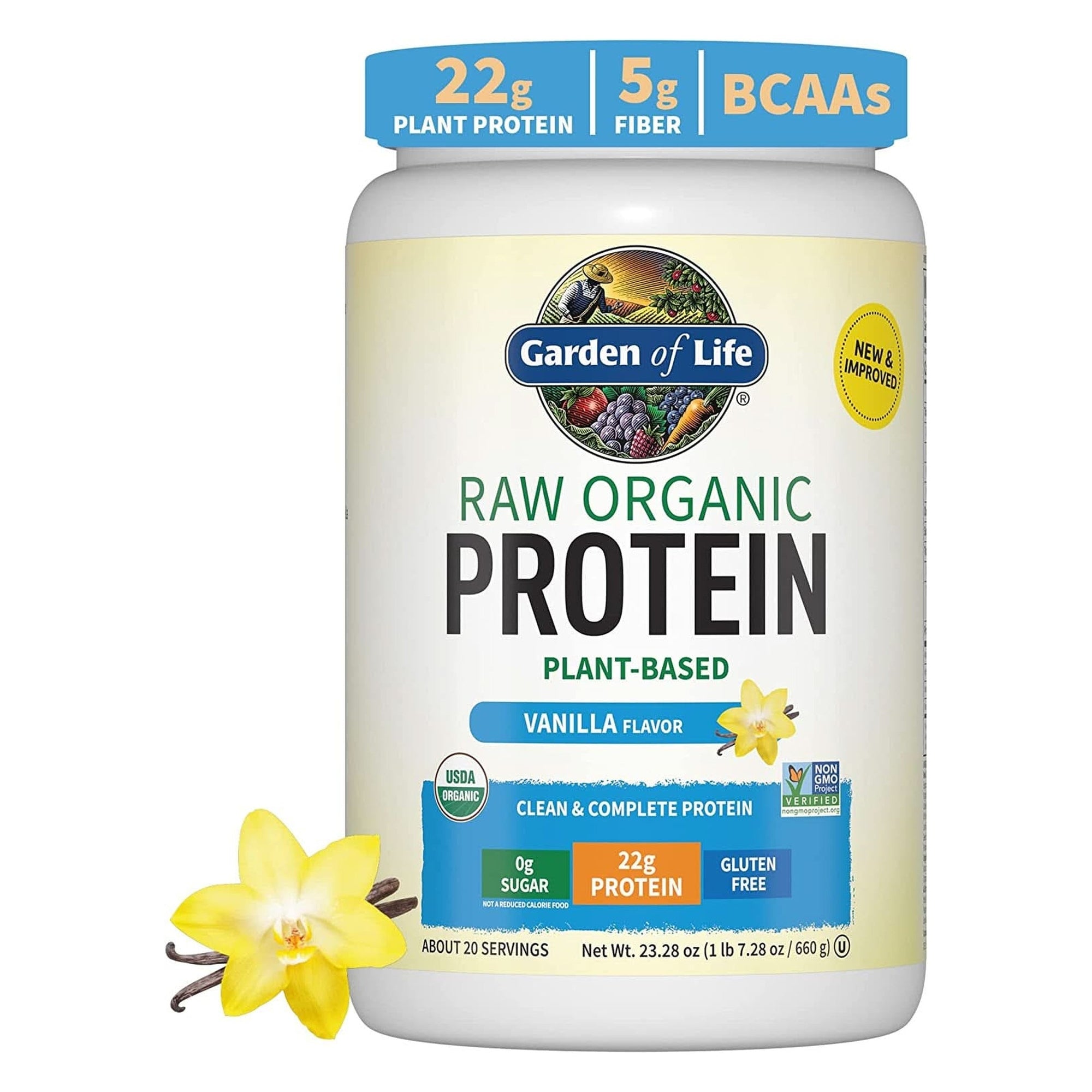 Raw Organic Protein Garden of Life Vanilla Powder, 20 Servings: Certified Vegan, Gluten Free, Organic, Non-Gmo, Plant Based Sugar Free Protein Shake with Probiotics & Enzymes, 4G Bcaas, 22G Protein