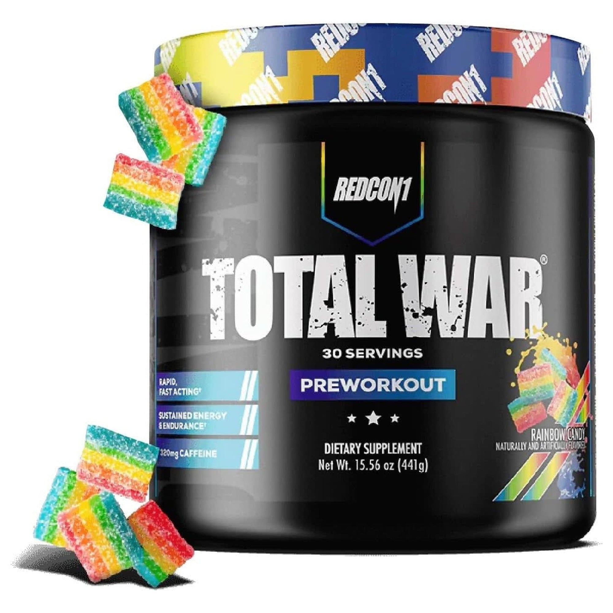 REDCON1 Total War Preworkout - Contains 320Mg of Caffeine from Green Tea, Juniper & Beta Alanine - Pre Work Out with Amino Acids to Increase Pump, Energy + Endurance (Rainbow Candy, 30 Servings)