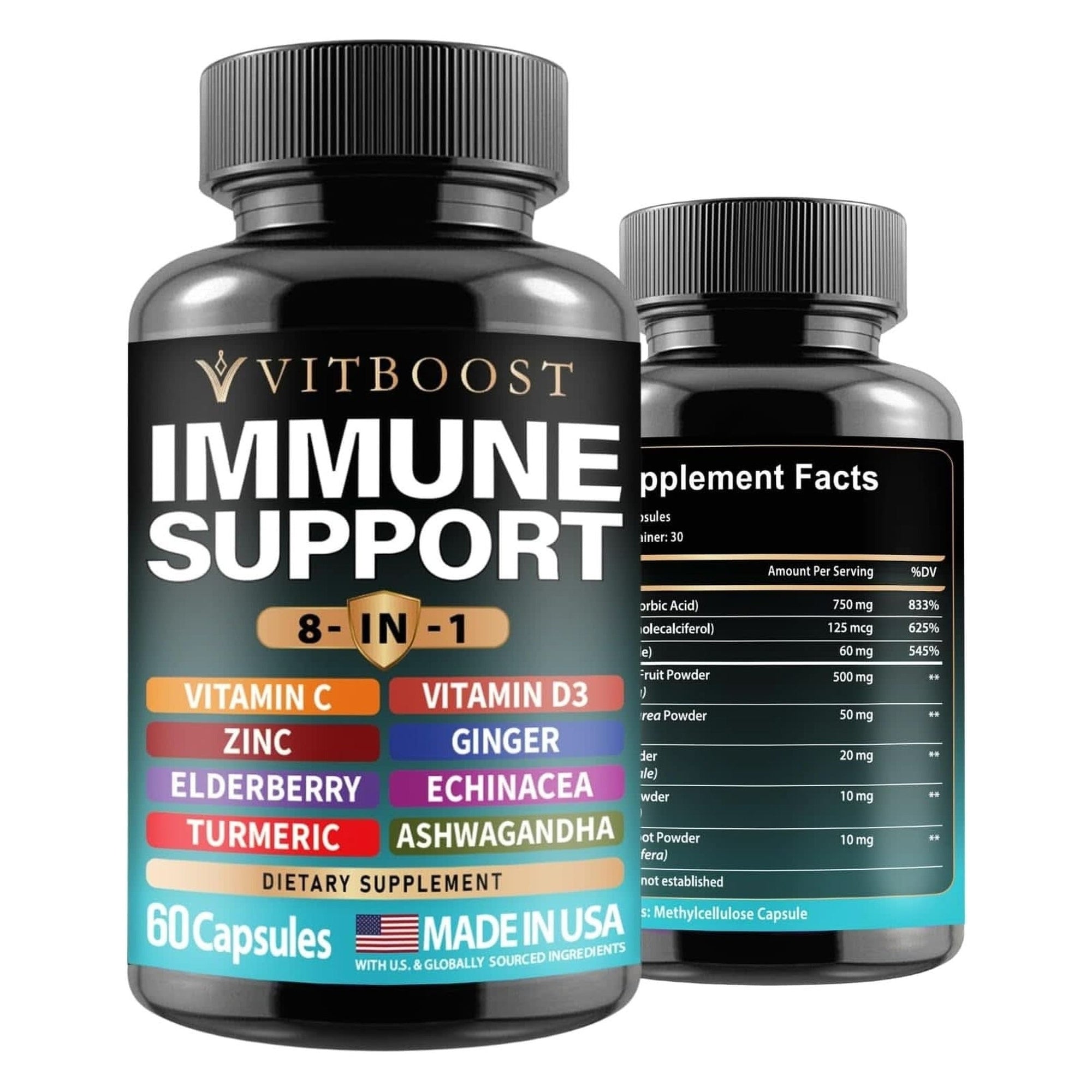 Ultimate Immune Support Supplement 8-In-1 Formula with Echinacea, Vitamin C & Zinc, Vitamin D 5000 IU, Turmeric, Ginger, Ashwagandha, Elderberry – 60 Capsules