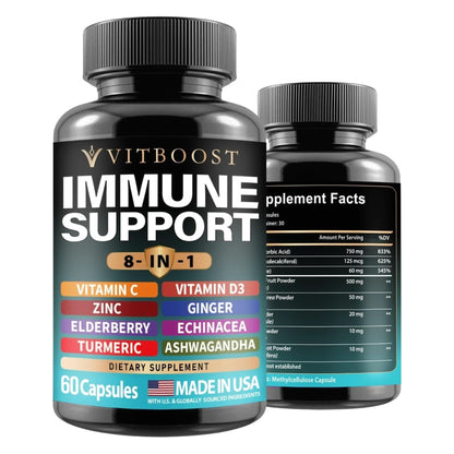 Ultimate Immune Support Supplement 8-In-1 Formula with Echinacea, Vitamin C & Zinc, Vitamin D 5000 IU, Turmeric, Ginger, Ashwagandha, Elderberry – 60 Capsules