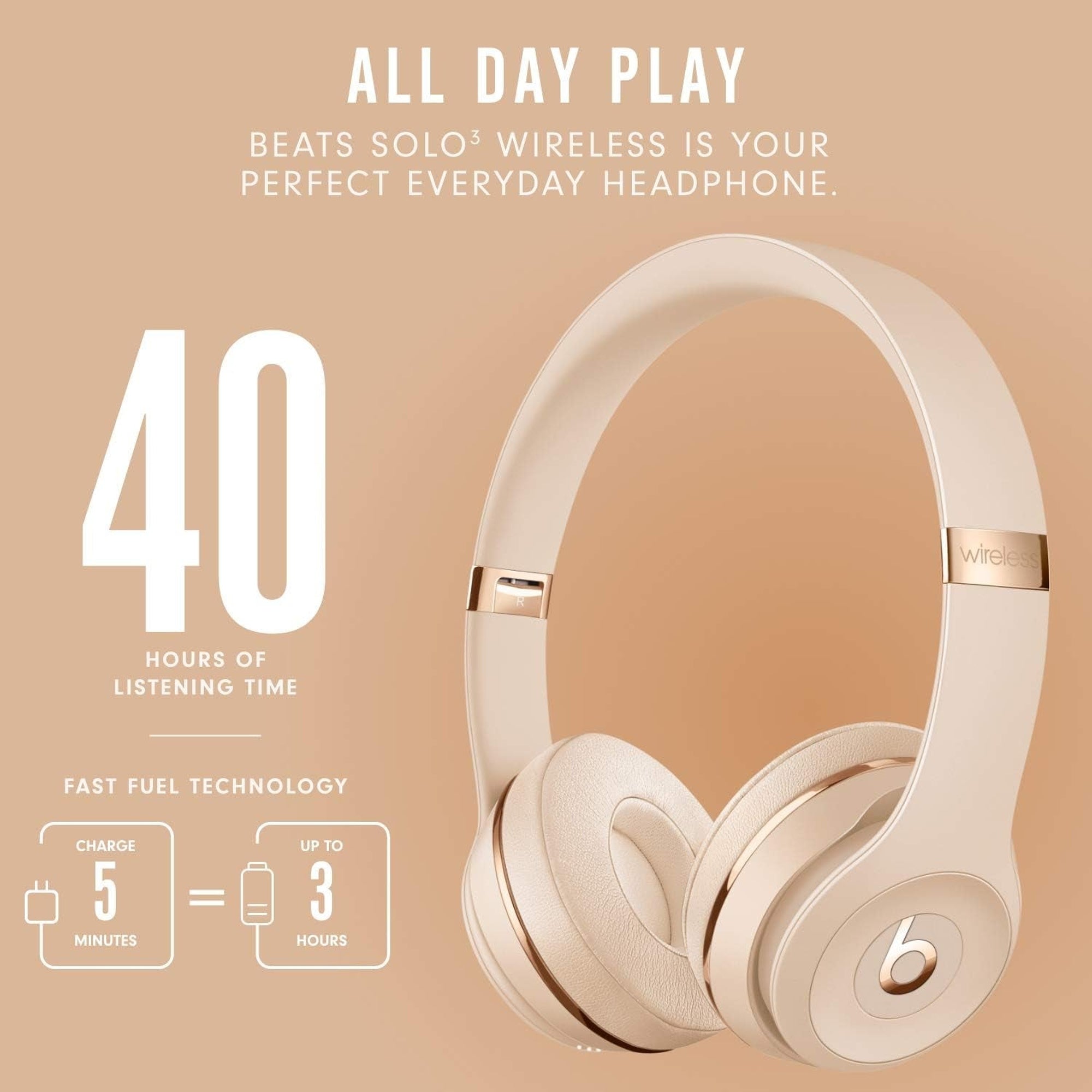 Beats Solo3 Wireless On-Ear Headphones - Satin Gold (Latest Model)