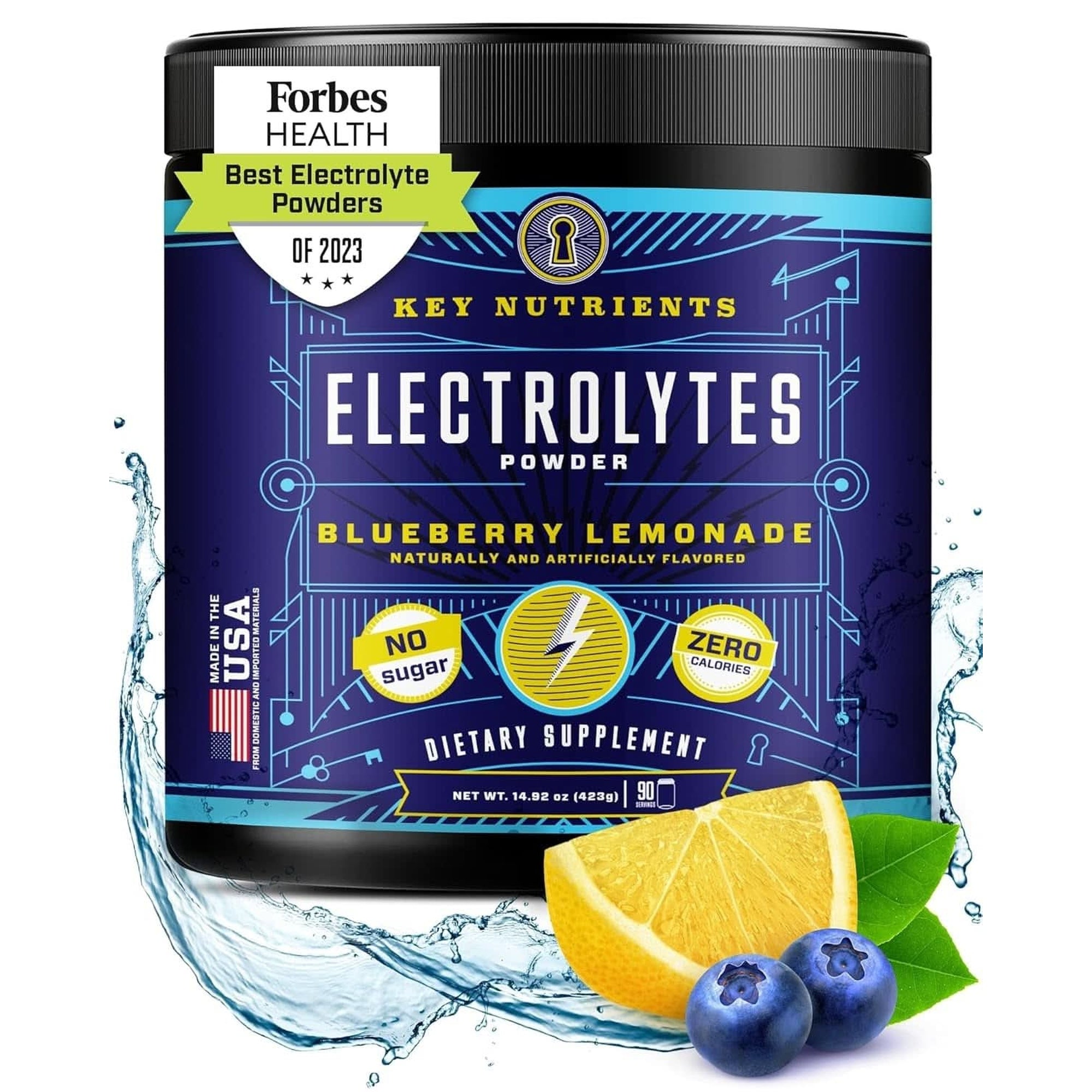 KEY NUTRIENTS Multivitamin Electrolytes Powder No Sugar - Sweet Blue Raspberry Electrolyte Powder - Endurance & Energy Supplement - Hydration Powder - No Calories - 90 Servings - Made in USA