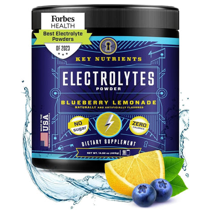 KEY NUTRIENTS Multivitamin Electrolytes Powder No Sugar - Sweet Blue Raspberry Electrolyte Powder - Endurance & Energy Supplement - Hydration Powder - No Calories - 90 Servings - Made in USA