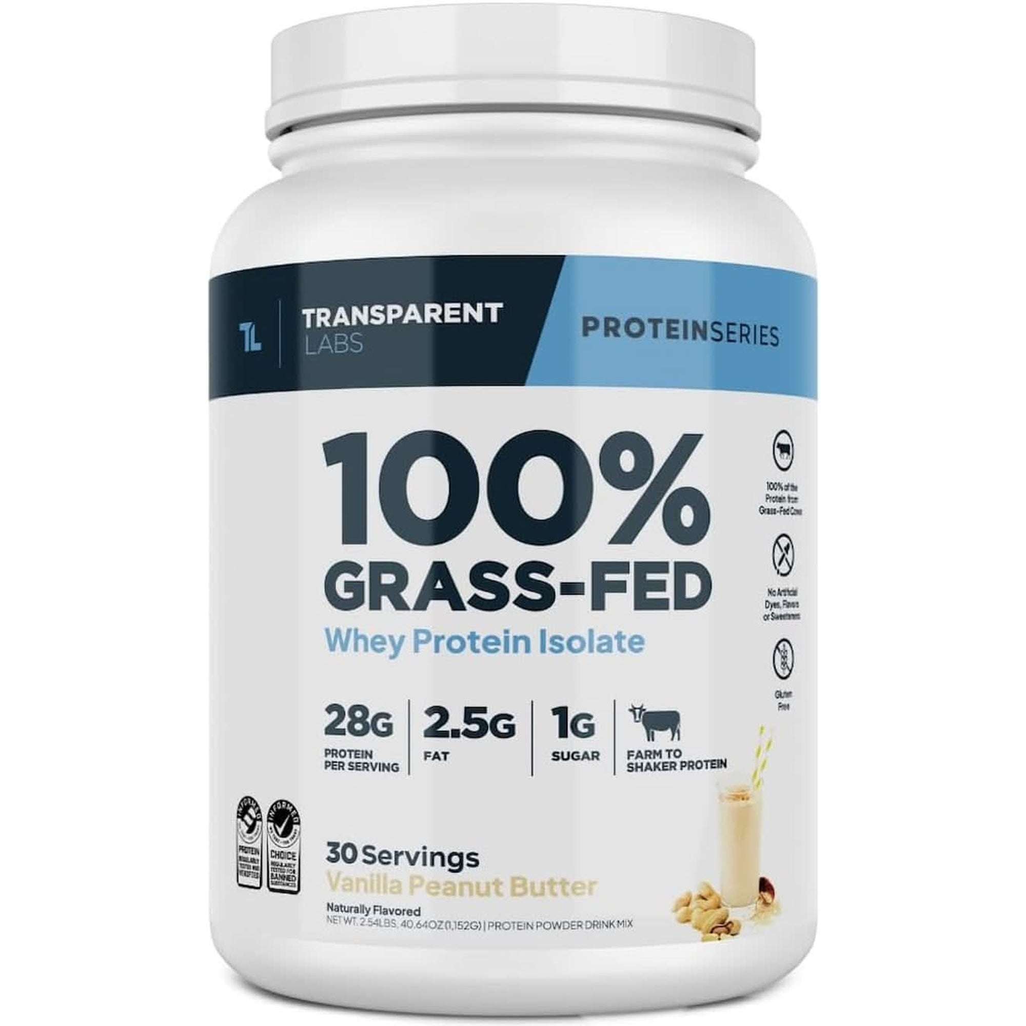 Transparent Labs Grass-Fed Whey Protein Isolate - Natural Flavor, Gluten Free Whey Protein Powder W/ 28G of Protein per Serving & 9 Essential Amino Acids - 30 Servings, Chocolate Peanut Butter