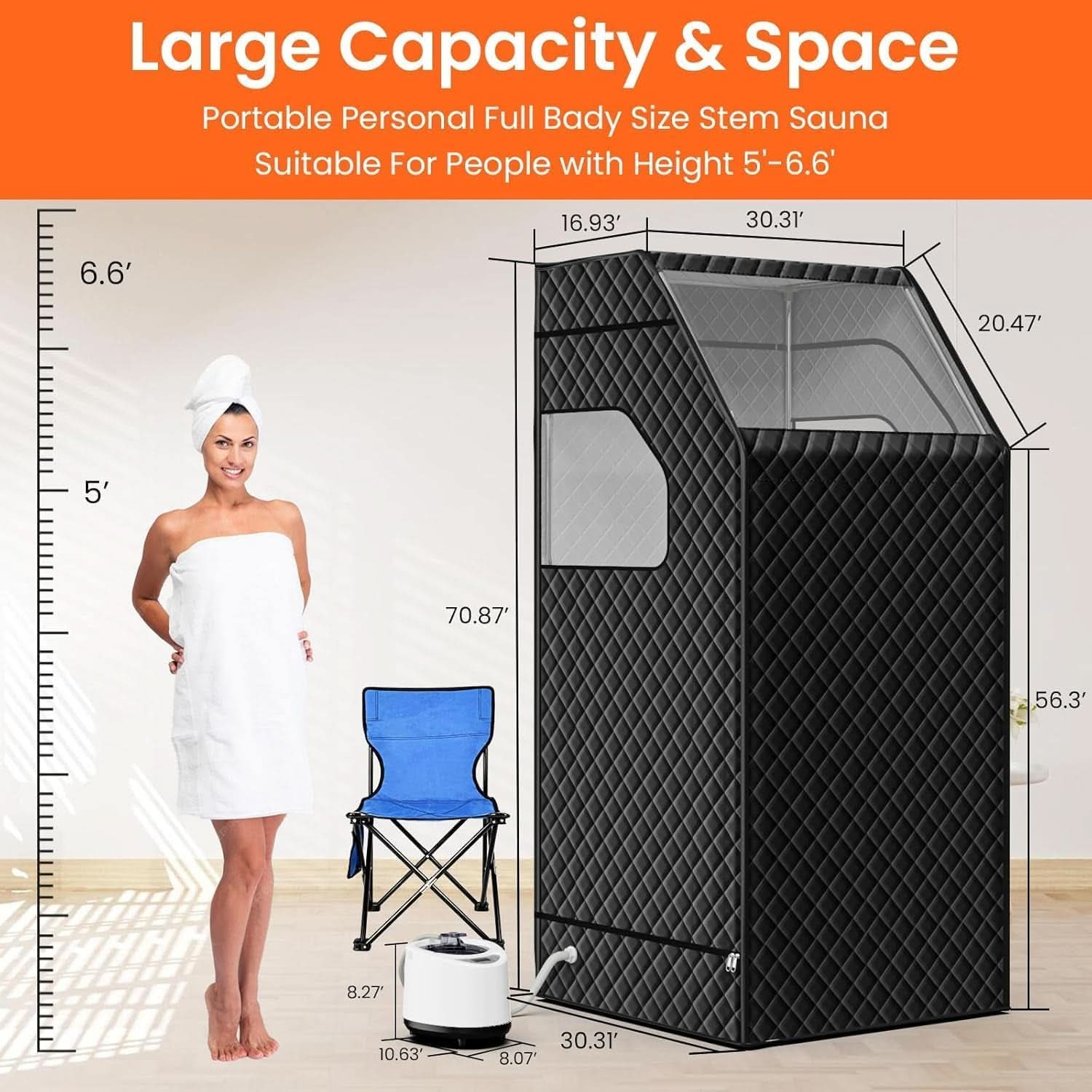 Portable Sauna for Home, Personal Steam Sauna Box, Indoor Sauna Tent at Home Full Body with 1000W 2.6L Steamer, Timer, Remote Control, Folding Chair, 9 Levels Heating, 2.6' X 2.6' X 5.9'