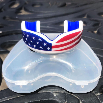 Sports Youth Mouth Guard for Kids USA Flag & Fangs & 20 Best Colors to Choose From - Youth Mouthguard Football, MMA, Karate, Flag Football, Rugby, Boxing, BJJ /W Case Youth, Strapless