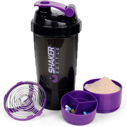 Shaker Bottle Protein Shaker Bottles with Storage and Mix Ball, 16OZ Sports Water Bottle with Pill Organizer,Leak Proof Portable Shaker Bottles for Protein Mixes and Pre Work Out,Bpa Free Purple