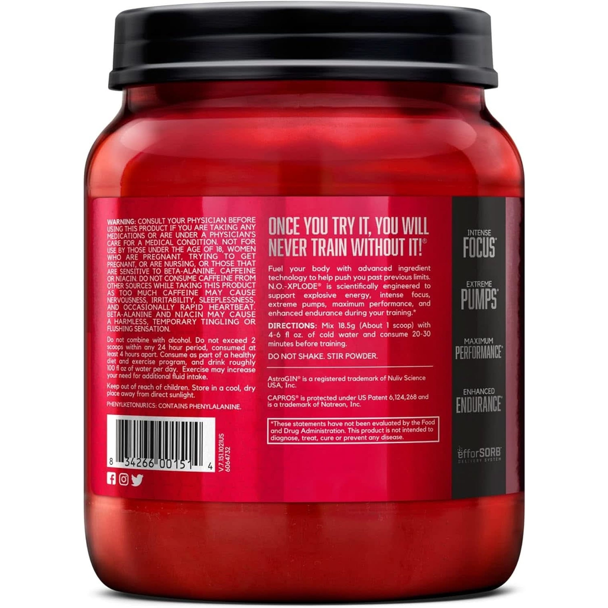 BSN N.O.-XPLODE Pre Workout Supplement with Creatine, Beta-Alanine, and Energy, Flavor: Fruit Punch, 60 Servings