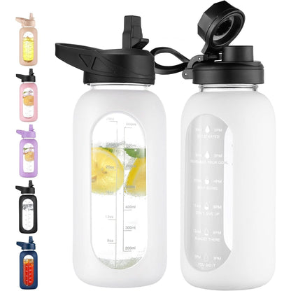 CIVAGO 32 Oz Glass Water Bottle with Straw and Handle, Large Sports Motivational Water Bottle Flask with Time Marker and 2 Lids, Leakproof Water Jug Canteen with Silicone Sleeve for Gym,Black