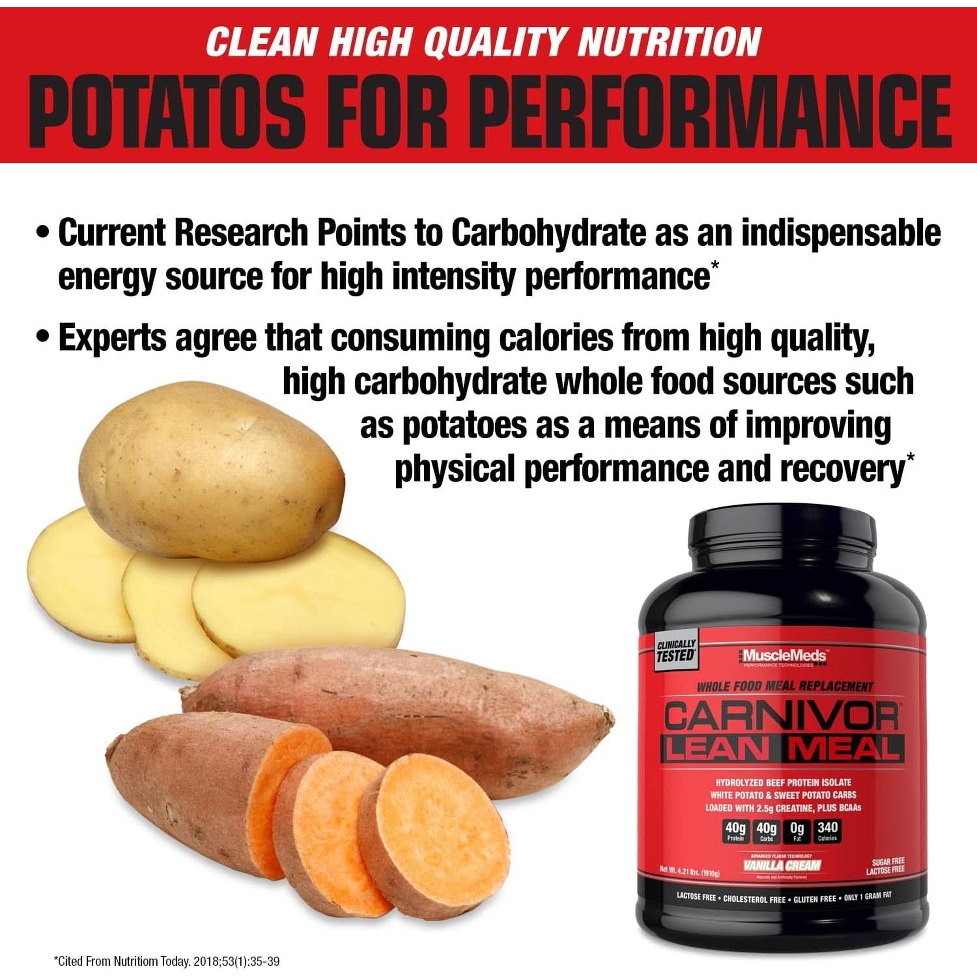 Musclemeds CARNIVOR LEAN MEAL Whole Food Meal Replacement Shake, MRE, Beef Protein Isolate, White Potato, Sweet Potato, 40G Protein, 40 G Carbs, Lactose Free, Sugar Free, Vanilla Cream 20 Servings