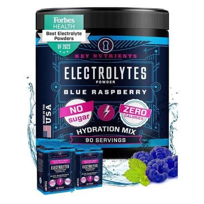 KEY NUTRIENTS Multivitamin Electrolytes Powder No Sugar - Sweet Blue Raspberry Electrolyte Powder - Endurance & Energy Supplement - Hydration Powder - No Calories - 90 Servings - Made in USA