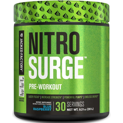 Jacked Factory NITROSURGE Pre Workout Supplement - Endless Energy, Instant Strength Gains, Clear Focus, Intense Pumps - NO Booster & Powerful Preworkout Energy Powder - 30 Servings, Arctic White