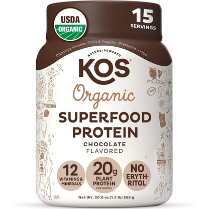 KOS Vegan Protein Powder Erythritol Free, Chocolate - Organic Pea Protein Blend, Plant Based Superfood Rich in Vitamins & Minerals - Keto, Dairy Free - Meal Replacement for Women & Men, 28 Servings