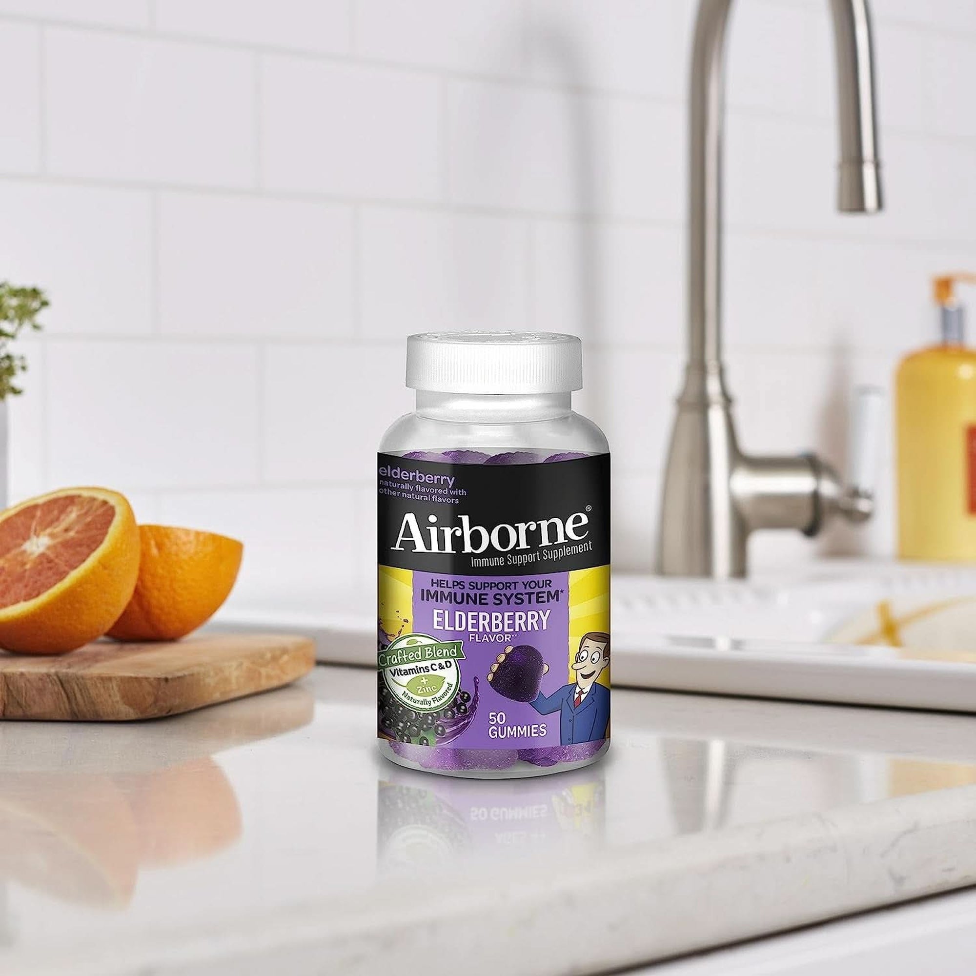 Airborne Elderberry + Zinc & Vitamin C Gummies for Adults, Immune Support Vitamin D & Zinc Gummies with Powerful Antioxidant Vitamins C D & E - 50 Gummies, Elderberry Flavor