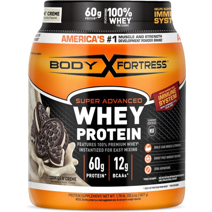 Body Fortress Super Advanced Whey Protein Powder, Strawberry, 60G Protein & 12G Bcaas per 2 Scoops, Muscle Gain & Recovery, Immune Support with Vitamins C & D, 1.78Lb (Packaging May Vary)