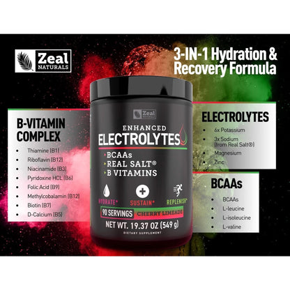 Enhanced Electrolyte Powder Cherry Limeade | 90Ct. + BCAA, B-Vitamins & Real Salt® - Hydration Powder W Potassium, Sodium, Zinc, Magnesium for Hydration