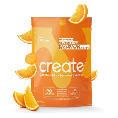 Create Creatine Monohydrate Gummies for Men & Women, Boost Focus, Strength, and Endurance, Anti-Melting Formula, Vegan, Gluten-Free, Non-Gmo, 1.5G of Creatine per Gummy (Orange, 90 Ct)