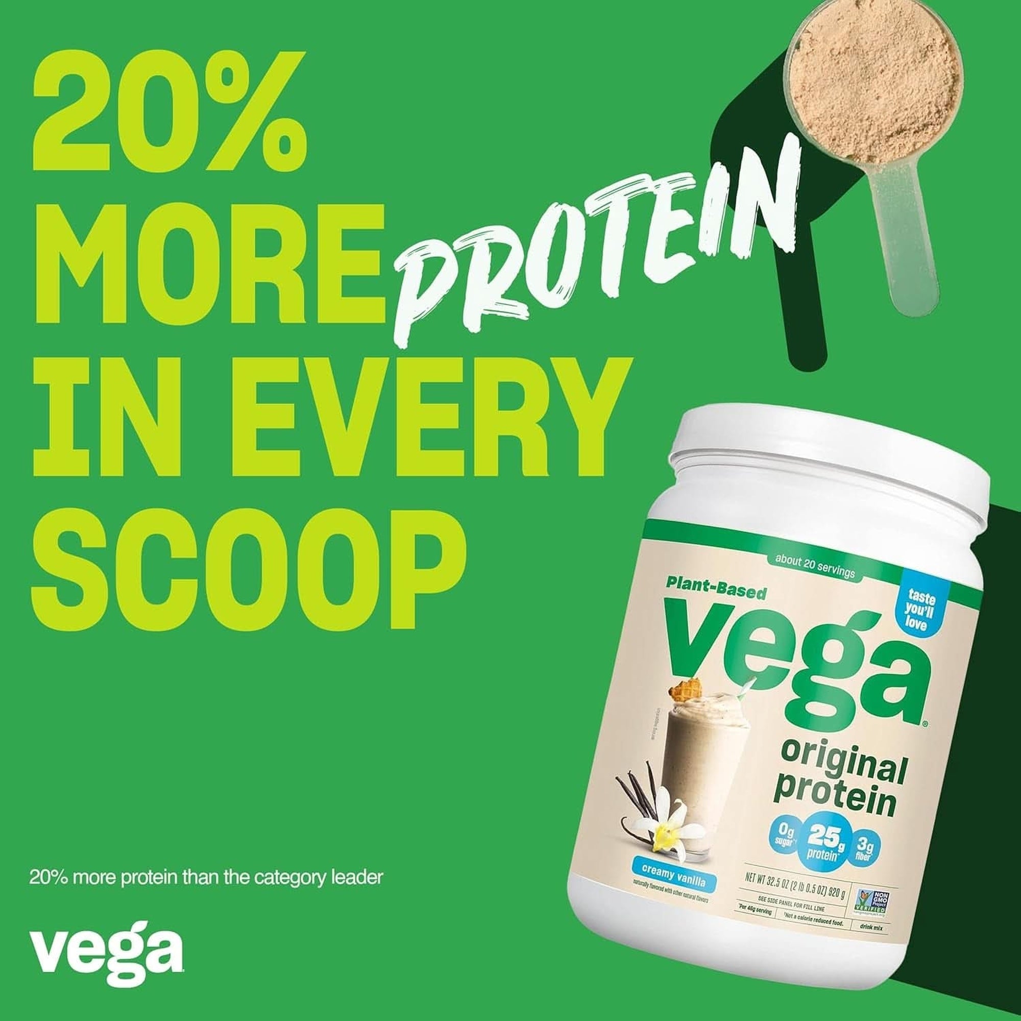 Vega Original Protein Powder, Creamy Vanilla Plant Based Protein Drink Mix for Water, Milk and Smoothies, 32.5 Oz