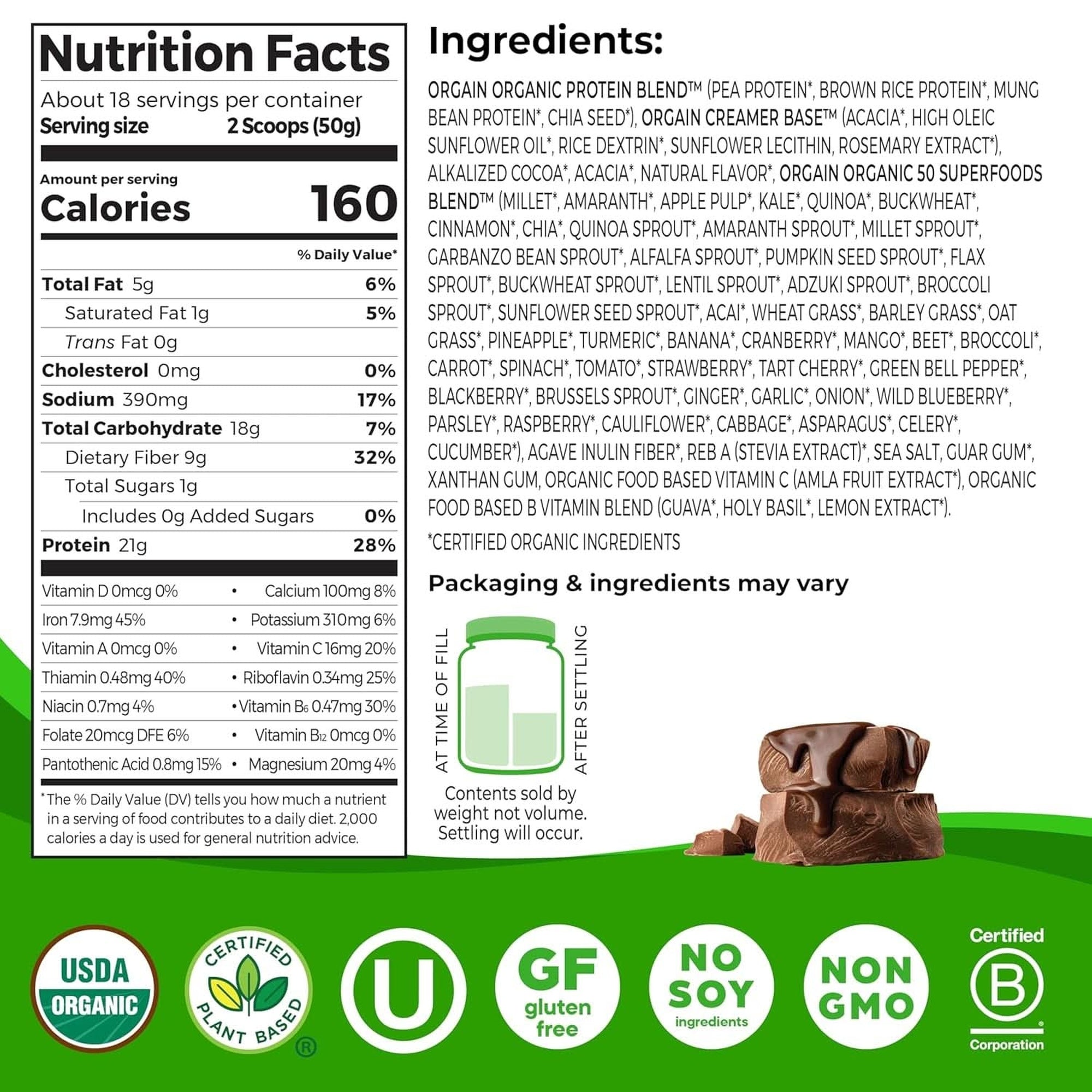 Orgain Organic Vegan Protein + 50 Superfoods Powder, Creamy Chocolate Fudge - 21G Plant Based Protein, 10G Prebiotic Fiber, No Lactose Ingredients, Gluten Free, Non-Gmo, 2.02 Lb (Packaging May Vary)