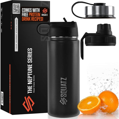 SQUATZ 18 Oz Neptune Series Steel Water Bottle, Stainless Double Wall Vacuum Insulated Flask with Handle Strap, Durable and Elegant Leak Proof Wide Mouth Thermos for Gym, Travel, Hiking, and Camping