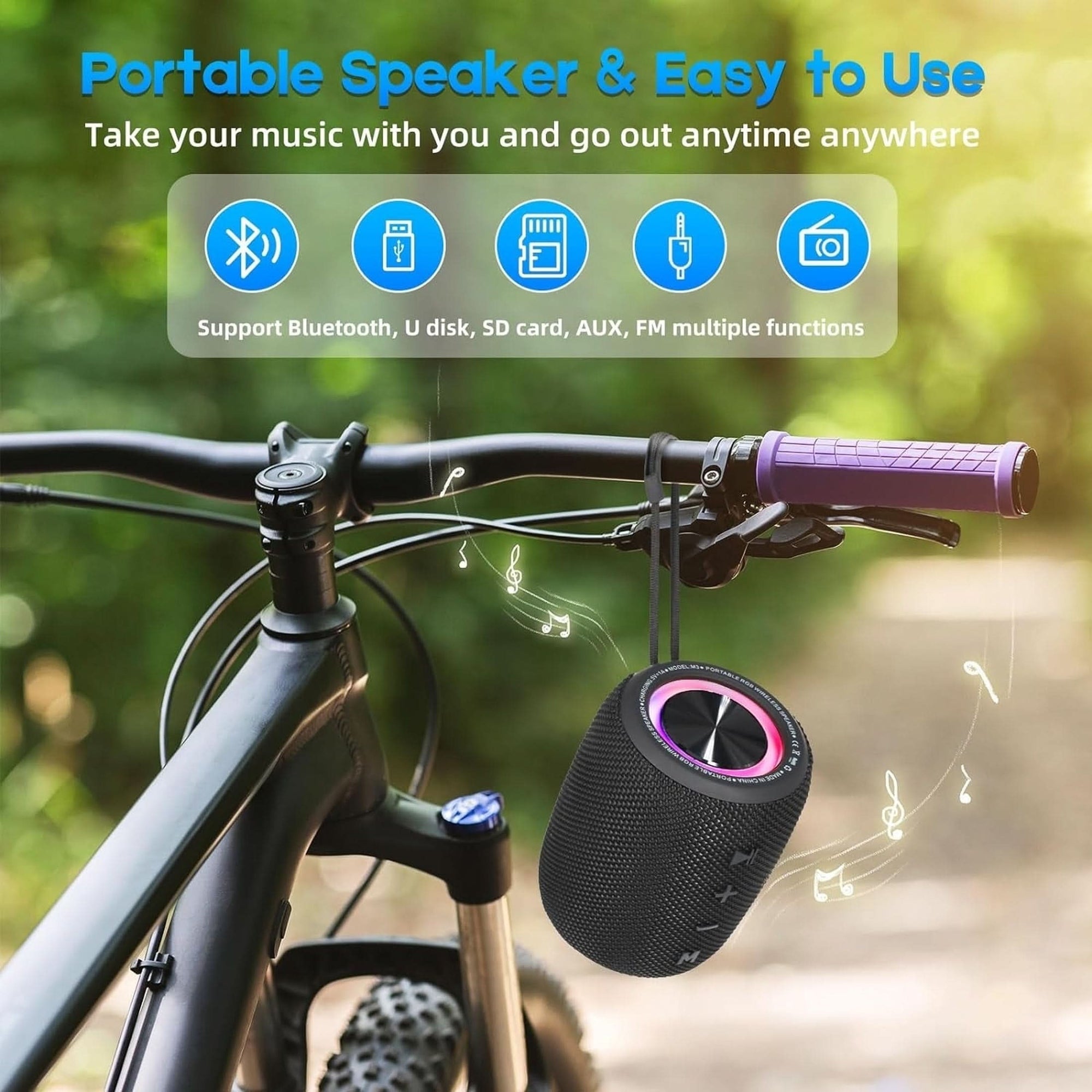 Portable Bluetooth Speaker, BT5.3 Wireless Speaker 20W Bass Diaphragms with Multi LED Light Dynamic Modes, IPX6 Waterproof 16H Playtime Supports FM Mode, TF, USB for Home, Cycling, Outdoor, Beach