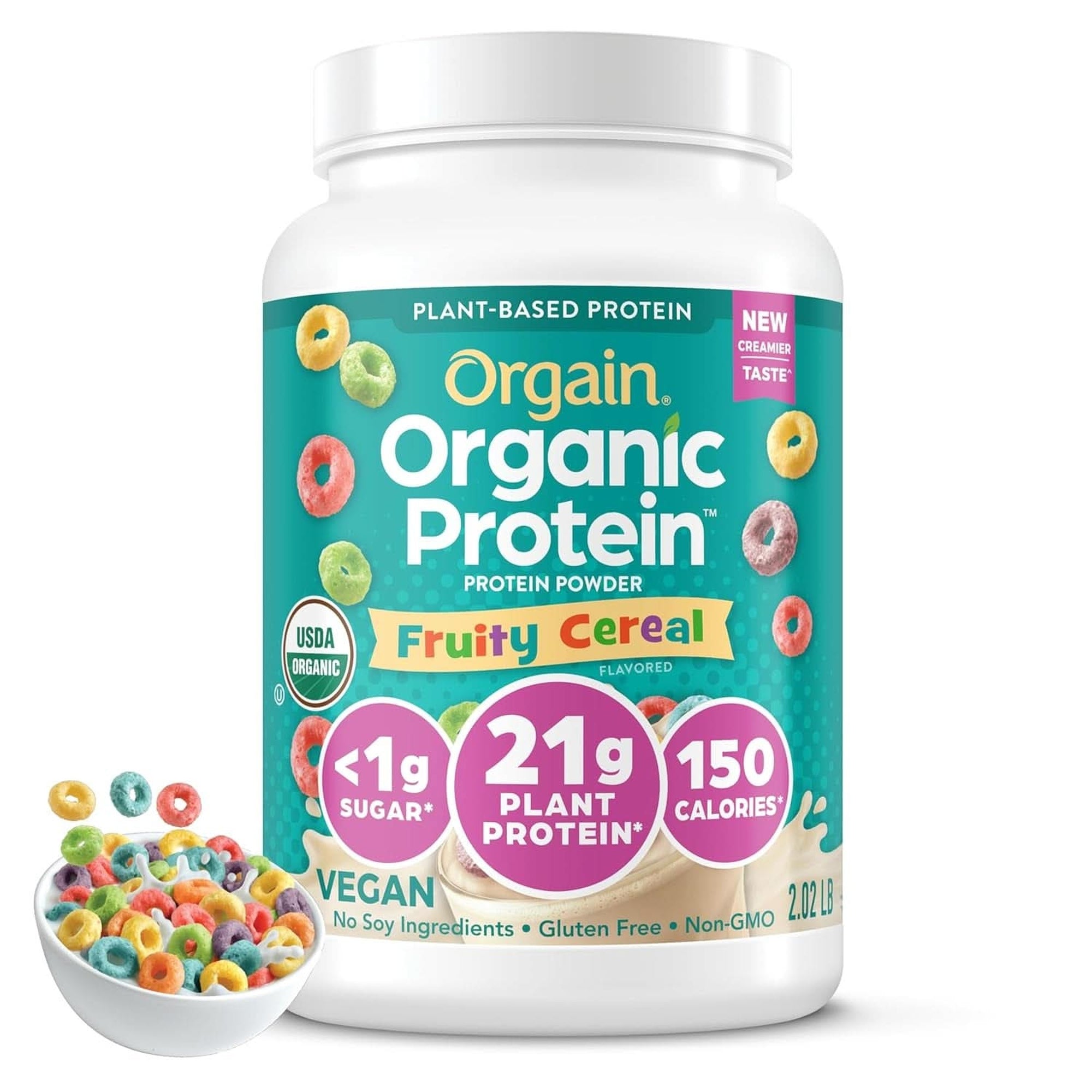 Orgain Organic Vegan Protein Powder, Strawberries & Cream - 21G Plant Based Protein, 4G Prebiotic Fiber, Low Net Carb, No Lactose Ingredients, No Added Sugar, Non-Gmo, for Shakes & Smoothies, 2.03 Lb